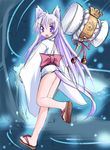  animal_ears artist_request ass bell blue_hair child hammer japanese_clothes long_hair looking_back mito_mashiro no_panties purple_eyes sandals solo tail tayutama younger 