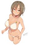  1girl bangs bare_arms bare_shoulders bikini blush breasts brown_eyes brown_hair cleavage collarbone cropped_legs dated eyebrows_visible_through_hair front-tie_bikini front-tie_top hair_between_eyes large_breasts looking_at_viewer maze_(gochama_ze_gohan) navel o-ring o-ring_bikini o-ring_top original signature simple_background solo swimsuit tan white_background white_bikini 