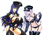  :p bdsm blue_hair breasts bursting_breasts cleavage collaboration collar dominatrix elbow_gloves garter_belt garters gloves green_eyes hat huge_breasts kaizeru kanda_(squall-rinoa) leather midriff multiple_girls navel original peaked_cap purple_eyes skindentation thighhighs tongue tongue_out whip white_hair 