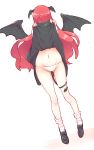  1girl bare_legs black_dress black_footwear blush covering_face demon_tail demon_wings dress dress_lift embarrassed full_body gluteal_fold head_wings highres koakuma long_hair navel non_(z-art) panties red_hair shoes socks solo tail touhou underwear very_long_hair white_background white_panties wings 