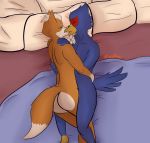  anthro avian beak bed blue_feathers butt dipstick_tail duo eyes_closed falco_lombardi feathers fox_mccloud fur kissing lying male male/male multicolored_tail nintendo nude on_side pillow star_fox starrffax video_games 