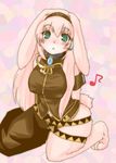  :&lt; animal_ears barefoot blush breasts bunny_ears collar female fur furry green_eyes hair kneeling lagomorph long_hair looking_at_viewer luka_megurine mammal megurine_luka musical_note paws pink_fur pink_hair rabbit solo unknown_artist vocaloid 