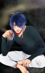  1boy arisugawa_dice barefoot blue_hair cigarette hair_ornament hypnosis_mic legs_crossed long_hair purple_eyes sitting smoking 