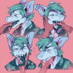  blush canid canine clothed clothing drooling duo finger_in_mouth fish fur hair half-closed_eyes hybrid male mammal marine mouth_play murkbone open_mouth piercing saliva shark simple_background solo_focus teeth tongue tongue_out 