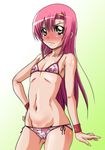  bikini blush cameltoe flat_chest green_eyes groin hayate_no_gotoku! hirokawa_kouichirou katsura_hinagiku long_hair lowleg lowleg_bikini pink_hair solo string_bikini swimsuit wristband 