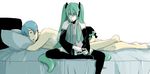  1girl after_sex bad_id bad_pixiv_id barefoot blue_hair cigarette detached_sleeves green_hair harada hatsune_miku hetero kaito long_hair lying necktie panties pillow ruined_for_marriage sitting skirt smoking striped striped_panties tears thighhighs twintails underwear vocaloid 