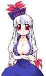 blue_hair blush breast_hold breasts cleavage hat kamishirasawa_keine large_breasts long_hair red_eyes solo sotto touhou 