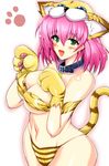  animal_ears animal_hat animal_print bare_shoulders berserker_(final_fantasy) blush breasts cat_ears cat_paws cat_tail cleavage collar final_fantasy final_fantasy_v gloves green_eyes hat highres large_breasts lenna_charlotte_tycoon panties paw_gloves paws pink_hair short_hair solo tail tiger_print underboob underwear yasakani_an 