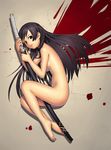  barefoot black_hair blood brown_eyes copyright_request feet fetal_position k+ katana long_hair lying nude on_side plantar_flexion sheath sheathed signature solo sword weapon wings 