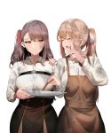  2girls asymmetrical_wings black_skirt blush braid breasts brown_hair collared_shirt commentary_request crying eyes_closed girls_frontline hair_ribbon hand_on_another&#039;s_head highres ihobus korean_commentary large_breasts long_hair long_sleeves looking_at_another m1903_springfield_(girls_frontline) multiple_girls open_mouth pantyhose parted_lips ponytail purple_hair red_eyes red_ribbon ribbon shirt side_ponytail skirt smile sweatdrop wa2000_(girls_frontline) white_background white_ribbon wings 
