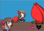  blue_eyes brown_hair chibi crazy_eyes fia_(hanakanmuri) hair_ribbon hanakanmuri monster ponytail ribbon scared 