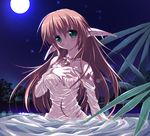  aqua_eyes bare_shoulders blush breasts brown_hair collarbone earrings jewelry long_hair medium_breasts midriff moon navel necklace nipples open_mouth original outdoors pointy_ears see-through solo star tsurusaki_takahiro very_long_hair water wet 