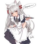  1girl :d alternate_costume amatsukaze_(kantai_collection) animal_ear_fluff animal_ears apron blush bow bowtie brown_eyes cat_ears commentary_request cowboy_shot cuffs cup dress dress_lift enmaided grey_neckwear hair_tubes holding holding_tray kantai_collection lifted_by_self long_hair looking_at_viewer maid maid_apron open_mouth signature silver_hair simple_background smile solo takanashi_kei_(hitsujikan) teacup thighhighs tray two_side_up white_background white_legwear windsock 
