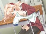  1girl 800x600 blonde_hair blue_eyes blush clothes_sniffing desk fuguriya game_cg masturbation matsubara_yuuna pantyhose peko ribbon ribbons school_uniform seifuku sitting smelling solo sono_hanabira_ni_kuchizuke_wo thighhighs 