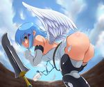  angel angel_wings ass bare_shoulders blue_hair boots elbow_gloves gloves green_eyes miniskirt nanael queen's_blade short_hair skirt solo sugiura sword thighhighs weapon wings 