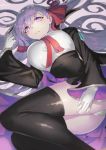  1girl bb_(fate)_(all) blush boots bow breasts collar eyebrows_visible_through_hair fate/grand_order fate_(series) gloves highres jonsun large_breasts legs_folded long_hair long_sleeves looking_at_viewer lying miniskirt panties pantyshot pantyshot_(lying) purple_eyes purple_hair skirt solo thighhighs underwear white_gloves 