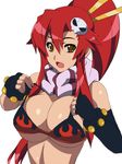  bikini_top breasts cleavage fingerless_gloves gloves hair_ornament huge_breasts long_hair metadora open_mouth ponytail red_hair scarf solo tengen_toppa_gurren_lagann yellow_eyes yoko_littner 