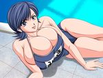  blue_eyes blue_hair breast_squeeze breasts bursting_breasts hokuou_fuhai huge_breasts looking_at_viewer lying on_side pool poolside school_swimsuit short_hair smile solo swimsuit 