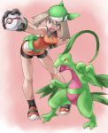  1girl :d absurdres bandanna bangs bare_shoulders bent_over bike_shorts breasts collared_dress creatures_(company) dress eyebrows_visible_through_hair fanny_pack full_body game_freak gen_3_pokemon gloves grey_eyes grovyle hand_on_hip haruka_(pokemon) highres holding holding_poke_ball legs_apart light_brown_hair looking_at_viewer medium_breasts nintendo open_mouth orange_dress outstretched_arm pink_background poke_ball pokemon pokemon_(creature) pokemon_(game) pokemon_emerald pokemon_rse premier_ball pretty-purin720 short_dress sleeveless sleeveless_dress smile teeth 