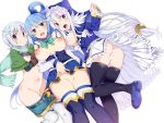  3girls aqua_(konosuba) ass bare_shoulders black_legwear blue_dress blue_eyes blue_footwear blue_hair blue_legwear blue_shorts blush breasts brown_gloves censored clenched_teeth commentary_request detached_sleeves dress dual_persona eris_(konosuba) eyebrows_visible_through_hair frills gloves hair_between_eyes hair_ornament jewelry kono_subarashii_sekai_ni_shukufuku_wo! large_breasts long_hair long_sleeves looking_at_viewer multiple_girls navel nipples no_panties pussy shoes short_hair shorts silver_hair simple_background skirt small_breasts spoilers tanaka_deshirittoru tearing_up teeth thighhighs upper_teeth white_background white_hair white_legwear white_skirt 