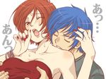 1girl bad_id bad_pixiv_id bare_shoulders biting blue_hair breast_grab breasts brown_hair closed_eyes covered_nipples earrings grabbing hetero jewelry kaito large_breasts meiko nail_polish one_eye_closed open_mouth rak red_nails short_hair sweat vocaloid 