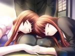  2girls brown_hair closed_eyes devils_devel_concept holding_hands lap_pillow long_hair multiple_girls nanagi_akane nanagi_akari refeia siblings sisters sleeping twins 