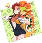  2girls bad_id bad_pixiv_id bowser breast_grab breasts brown_eyes brown_hair cosplay fang genderswap genderswap_(mtf) gloves grabbing groping hat horns large_breasts layil long_hair mario mario_(series) multiple_girls one_eye_closed orange_hair red_eyes red_hair super_mario_bros. surprised surprised_arms underboob yuri 