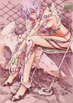  angel_(evangelion) ayanami_rei bandage_over_one_eye bandages bdsm bondage bound breasts cable chain chain-link_fence chair cuffs fence folding_chair handcuffs high_heels hunched_over kotatsu-spirit legs medium_breasts neon_genesis_evangelion plugsuit purple_hair red_eyes ruins sachiel shoes short_hair sideboob signature sitting sketch skull solo torn_clothes 