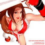  breasts brown_hair cleavage closed_fan covered_nipples fan fatal_fury folding_fan gloves highres kiyohisa large_breasts long_hair pelvic_curtain shiranui_mai solo the_king_of_fighters 