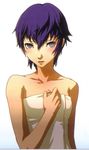  atlus bare_shoulders blue_eyes blue_hair blush collarbone female gradient gradient_background naked_towel official_art persona persona_4 shirogane_naoto short_hair solo towel 