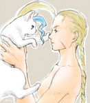  blonde_hair blue_eyes blue_hair braid cammy_white capcom cat crossover felicia felicia_(cat) long_hair nude sho-sk solo street_fighter vampire_(game) 