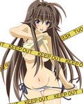  areolae bad_id bad_pixiv_id blush breasts brown_hair caution_tape curvy groin highres kanokon keep_out large_breasts long_hair minamoto_chizuru navel open_mouth purple_eyes solo stargate swimsuit tankini underboob undressing wide_hips 