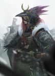  1girl 3others armor banner bird black_feathers black_gloves closed_mouth eyeshadow fahmi_fauzi fantasy feathers fingerless_gloves fog fur_trim gloves grey_eyes helmet japanese_armor kabuto katana long_sleeves makeup mask medium_hair multiple_others original pauldrons purple_feathers raven_(animal) red_hair scabbard sheath snow snowing sword vambraces weapon white_eyes 