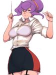  bra copyright_request fumio_(rsqkr) glasses lingerie pencil_skirt purple_eyes purple_hair shirt skirt sleeves_rolled_up solo teacher thighhighs underwear white_shirt 