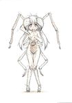  armpits bad_id bad_pixiv_id bare_shoulders bug camel_spider eyebrows fang flat_chest insect_girl kazuho_(kazu-ho-ho) long_hair monochrome monster_girl nipples open_mouth original personification solo spider spider_girl sweatdrop 