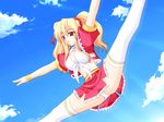  blonde_hair breasts cheerful! cheerfull! cheerleader cloud clouds furuno_masashi furuno_shouji hair_ribbon jump jumping long_hair nanami_ayane panties red_eyes ribbon shirakaba_kozue sky smile spread_legs thighhighs twintails underwear 