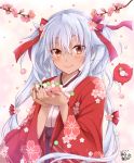  0yukiya0 1girl 2019 alternate_costume brown_eyes cherry_blossoms dated enemy_lifebuoy_(kantai_collection) floral_print flower food hair_between_eyes hair_flower hair_ornament hair_ribbon highres holding holding_food japanese_clothes kantai_collection kimono long_hair looking_at_viewer musashi_(kantai_collection) pink_kimono red_kimono red_ribbon ribbon signature smile solo_focus tongue tongue_out two_side_up white_background white_hair 