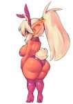 2019 big_breasts big_butt blonde_hair blue_eyes borvar breasts bunny_costume butt clothing collar costume female footwear fur hair hi_res high_heels league_of_legends legwear looking_at_viewer looking_back mammal not_furry orange_fur pointy_ears riot_games shoes short_stack simple_background solo standing thick_thighs thigh_highs video_games voluptuous white_background wide_hips yordle 