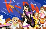  absurdres akiyama_mio bass_guitar black_eyes black_hair blonde_hair blue_eyes brown_eyes brown_hair cadillac car casual detexted drumsticks elbow_gloves fuwafuwa_time gloves ground_vehicle guitar hairband highres hirasawa_yui instrument ishidate_taichi k-on! kotobuki_tsumugi long_hair mod_fashion motor_vehicle multiple_girls official_art pantyhose short_hair tainaka_ritsu third-party_edit very_long_hair white_legwear 