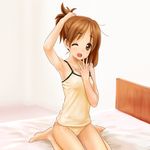 armpits barefoot bed brown_eyes brown_hair bunching_hair cameltoe camisole covered_nipples flat_chest highres hirasawa_ui k-on! koumo one_eye_closed panties see-through short_hair solo underwear underwear_only yawning yellow_panties 