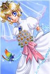  1girl blonde_hair blue_eyes butterfly crown dress earrings elbow_gloves flower gloves jewelry mario_(series) nintendo princess_peach solo super_mario_bros. veil wedding_dress 
