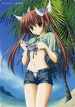  beach bikini brown_hair hotpants nanao_naru naru_nanao ocean palm_tree sand short_shorts shorts swimsuit tree twintails undressing yellow_eyes 