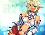  blonde_hair breasts cleavage detached_sleeves elf elvaan final_fantasy final_fantasy_xi green_eyes katy_(artist) large_breasts midriff pointy_ears smile solo 