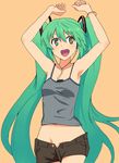  armpits arms_up bad_id bad_pixiv_id camisole digital_media_player green_hair hatsune_miku headphones heart hyakuen_raitaa ipod long_hair midriff no_panties open_fly open_mouth solo symbol-shaped_pupils twintails unzipped vocaloid 