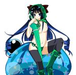  bad_id bad_pixiv_id blue_eyes blue_hair boots breasts closed_umbrella frog gradient_hair green_footwear hood large_breasts long_hair multicolored_hair nipples original panties ribbon shii_(niku-9) sitting solo thighhighs topless umbrella underwear underwear_only 