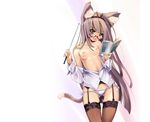  animal_ears ashishun bare_shoulders blue_eyes book breasts cat_ears cat_tail garter_belt glasses grey_hair lace lace-trimmed_thighhighs long_hair lowleg lowleg_panties medium_breasts open_clothes open_shirt original panties shirt side-tie_panties solo tail thighhighs underwear very_long_hair 