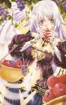  apple artist_request black_panties breasts cleavage dengeki_hime eating food fruit grapes highres holding holding_food holding_fruit large_breasts panties solo underwear white_hair 