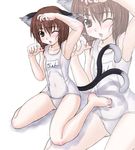  animal_ears armpits barefoot brown_eyes brown_hair cat_ears cat_tail chen feet flat_chest kneeling kuro_suto_sukii multiple_tails name_tag nipples one-piece_swimsuit one_eye_closed school_swimsuit short_hair solo swimsuit tail touhou wet white_school_swimsuit white_swimsuit zoom_layer 