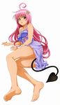  ahoge artist_request bare_legs bare_shoulders barefoot blush demon_tail feet green_eyes highres lala_satalin_deviluke legs lingerie long_hair long_legs lying nightgown official_art peke pink_hair soles solo tail to_love-ru underwear 