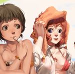  bikini bracelet brown_hair copyright_request dark134 face hands jewelry lips multiple_girls red_hair spoon swimsuit 